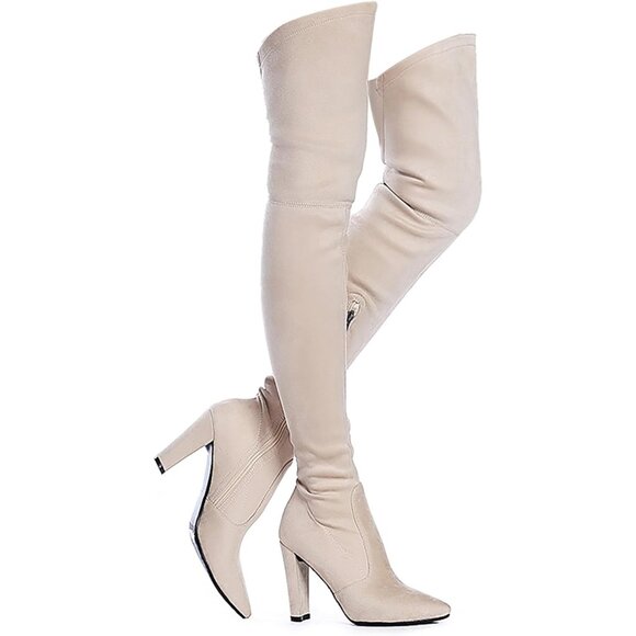 Women Nude Suede Stretch Thigh High Over The Knee Chunky Heel Pointed Toe Boots - Picture 1 of 4